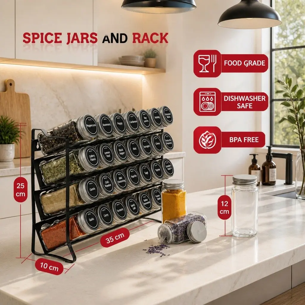 4-Tier Spice Rack Organiser with 28 Glass Jars, Labels, Funnel and Marker for