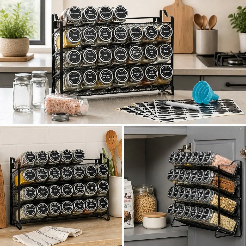4-Tier Spice Rack Organiser with 28 Glass Jars, Labels, Funnel and Marker for
