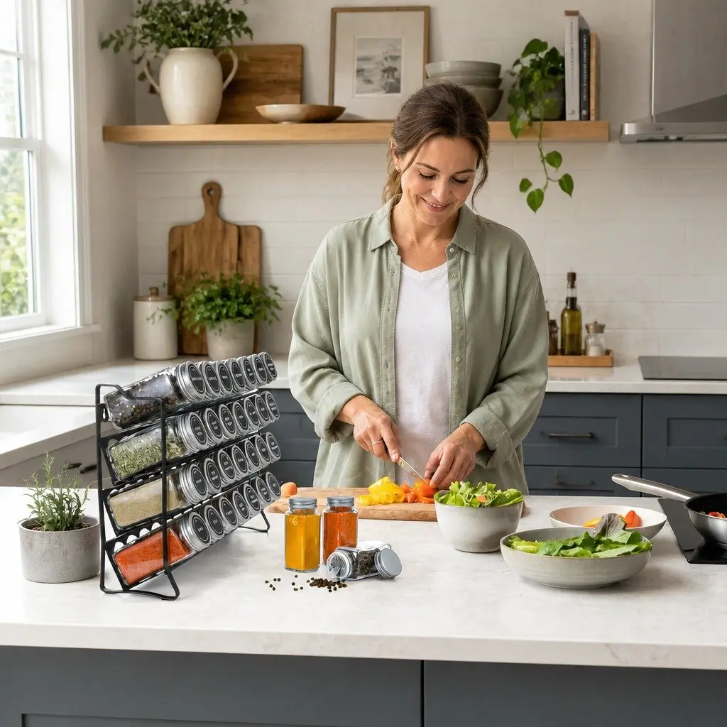 4-Tier Spice Rack Organiser with 28 Glass Jars, Labels, Funnel and Marker for