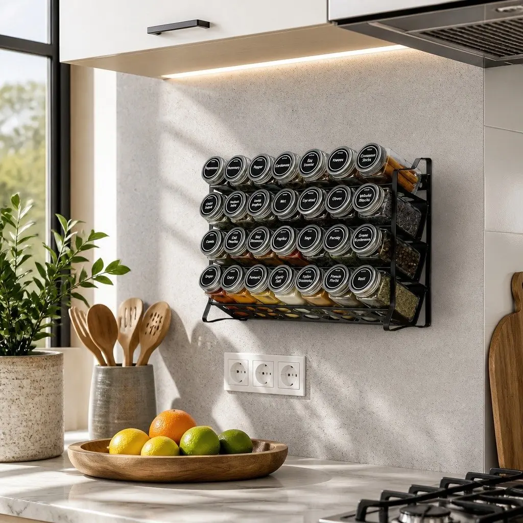 4-Tier Spice Rack Organiser with 28 Glass Jars, Labels, Funnel and Marker for