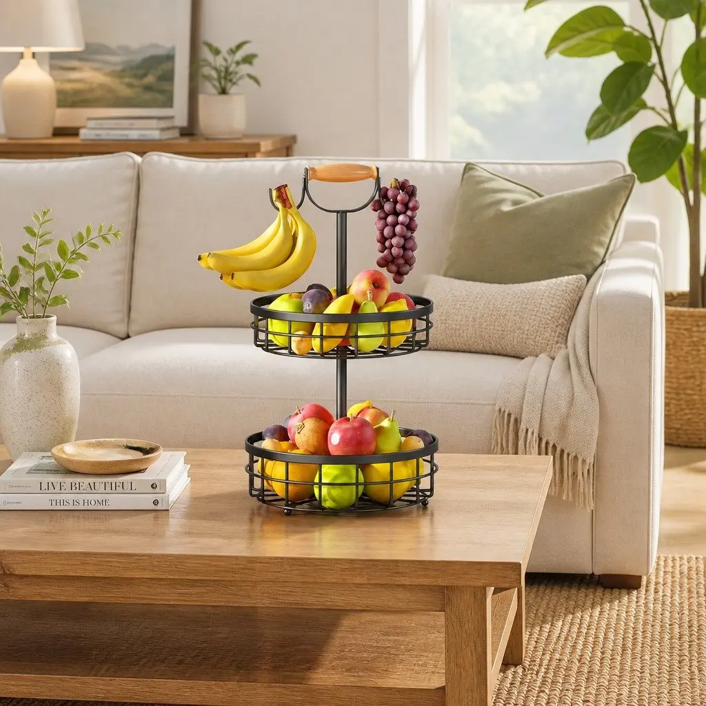 2-Tier Fruit Basket Bowl Storage for Kitchen Countertop 28 x 52 x 28 cm