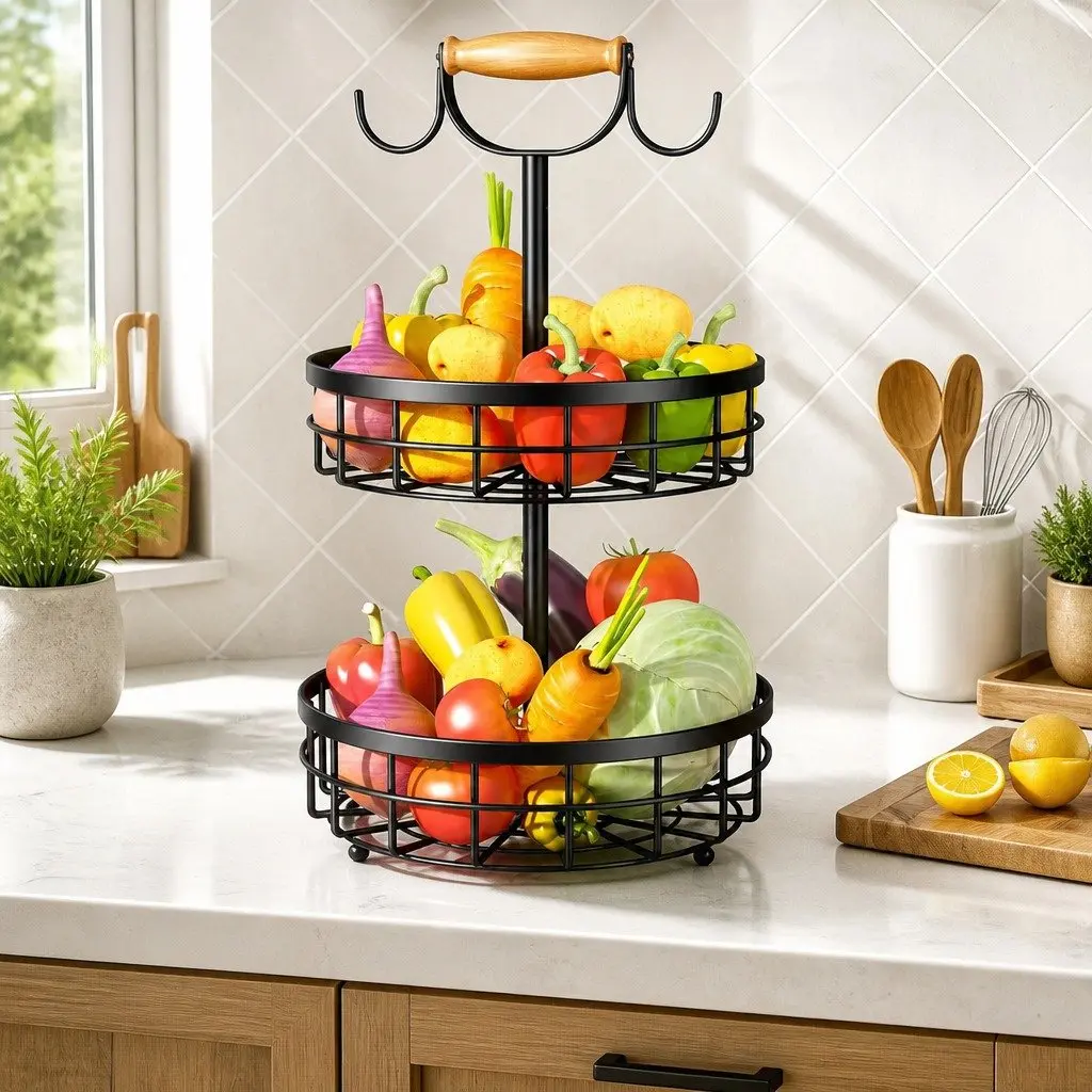 2-Tier Fruit Basket Bowl Storage for Kitchen Countertop 28 x 52 x 28 cm