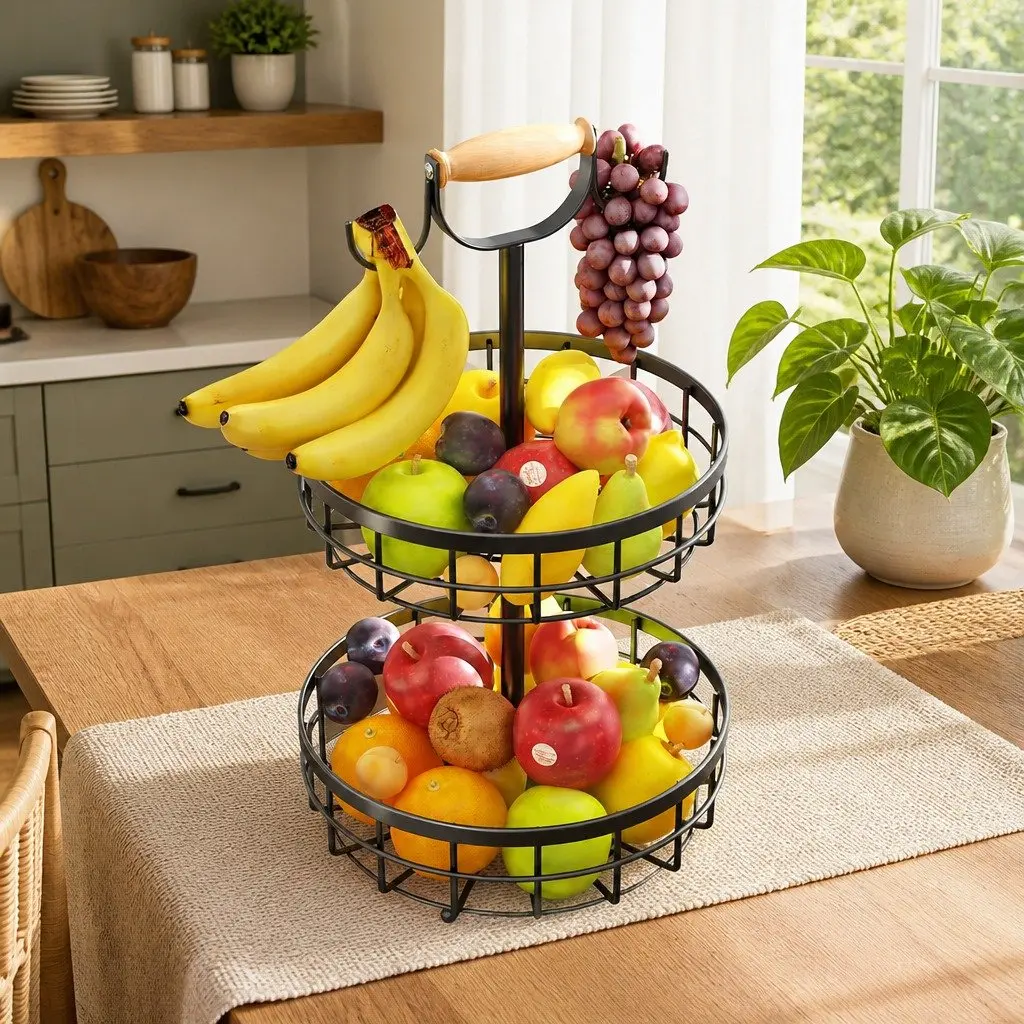 2-Tier Fruit Basket Bowl Storage for Kitchen Countertop 28 x 52 x 28 cm