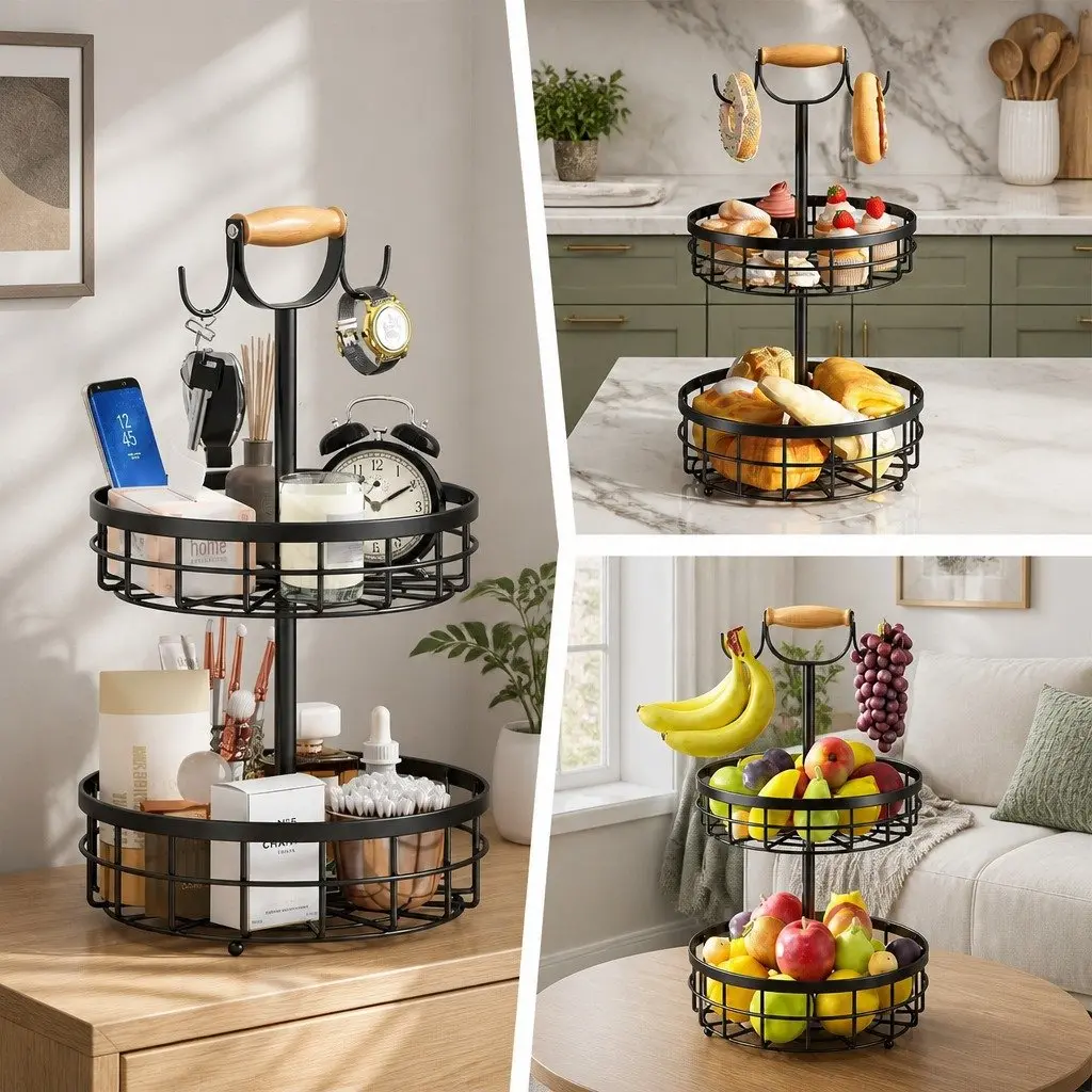 2-Tier Fruit Basket Bowl Storage for Kitchen Countertop 28 x 52 x 28 cm