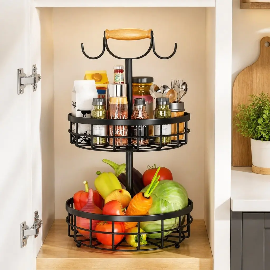 2-Tier Fruit Basket Bowl Storage for Kitchen Countertop 28 x 52 x 28 cm
