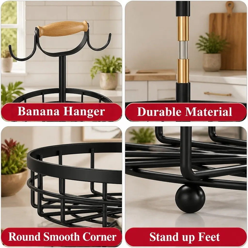 2-Tier Fruit Basket Bowl Storage for Kitchen Countertop 28 x 52 x 28 cm