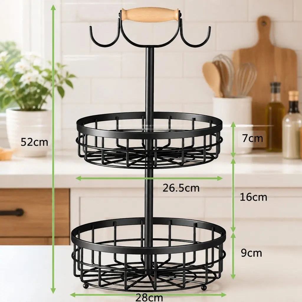 2-Tier Fruit Basket Bowl Storage for Kitchen Countertop 28 x 52 x 28 cm