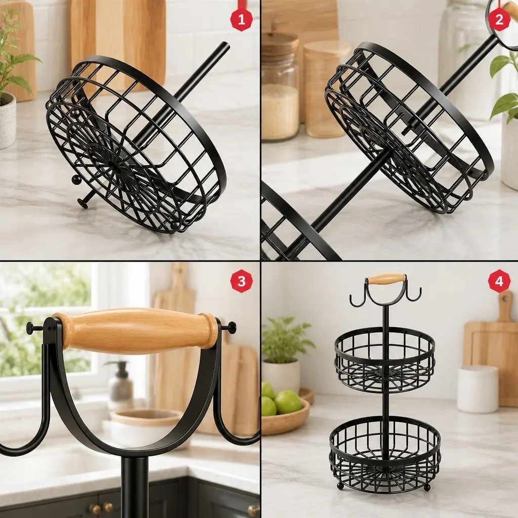 2-Tier Fruit Basket Bowl Storage for Kitchen Countertop 28 x 52 x 28 cm