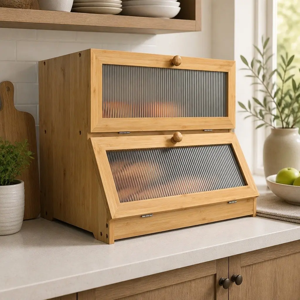 Double Layer Bamboo Bread Box Kitchen Counter Storage Large