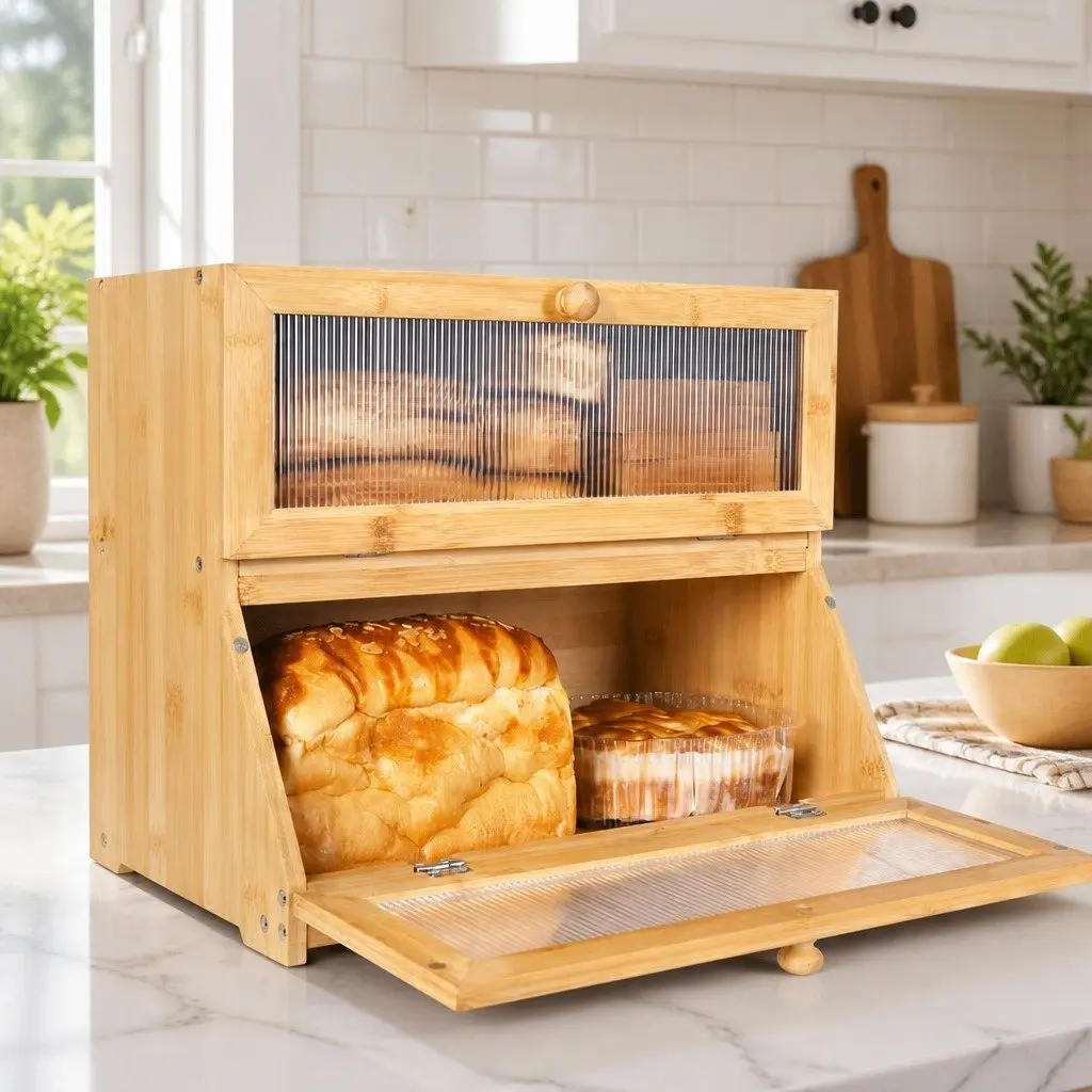 Double Layer Bamboo Bread Box Kitchen Counter Storage Large