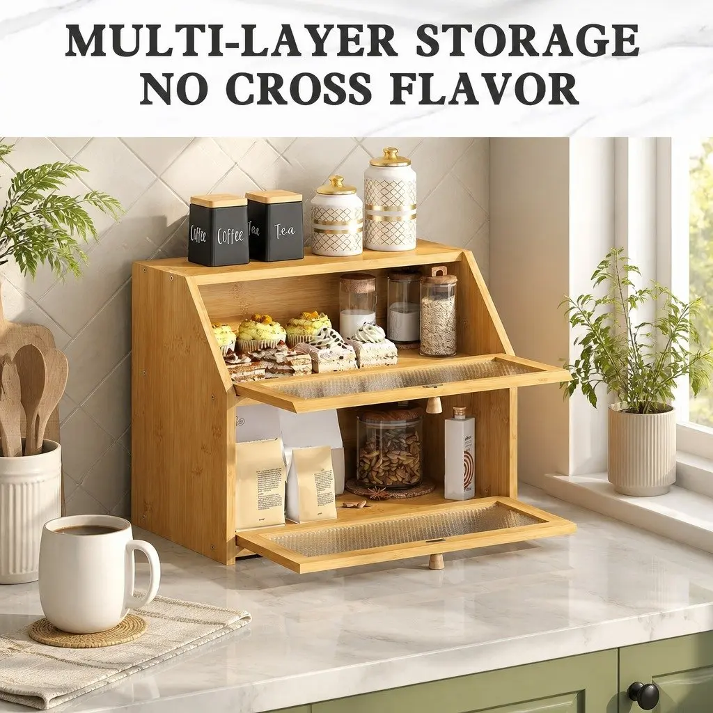 Double Layer Bamboo Bread Box Kitchen Counter Storage Large