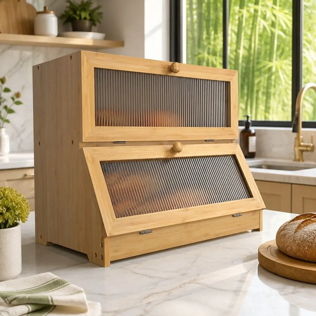 Double Layer Bamboo Bread Box Kitchen Counter Storage Large