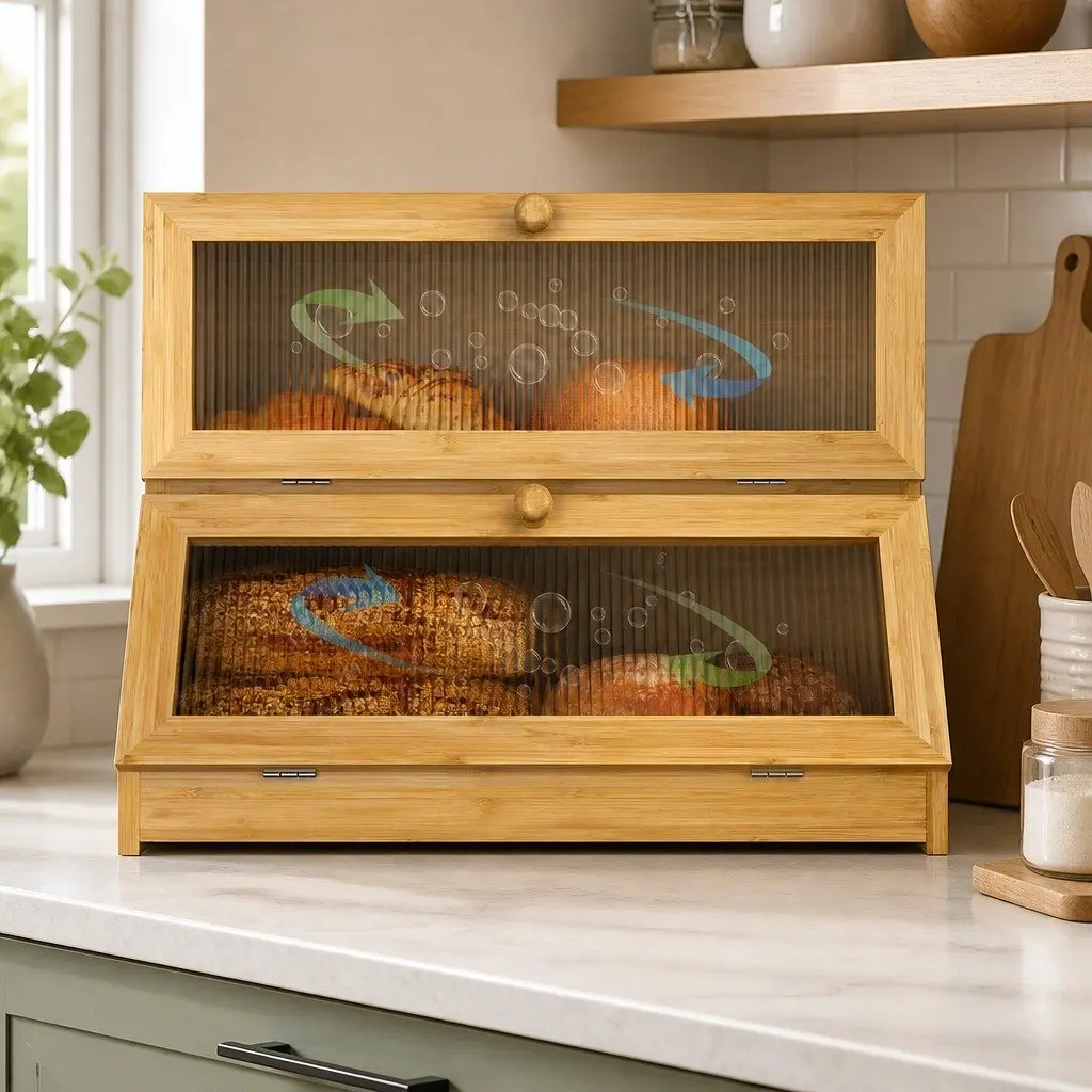 Double Layer Bamboo Bread Box Kitchen Counter Storage Large