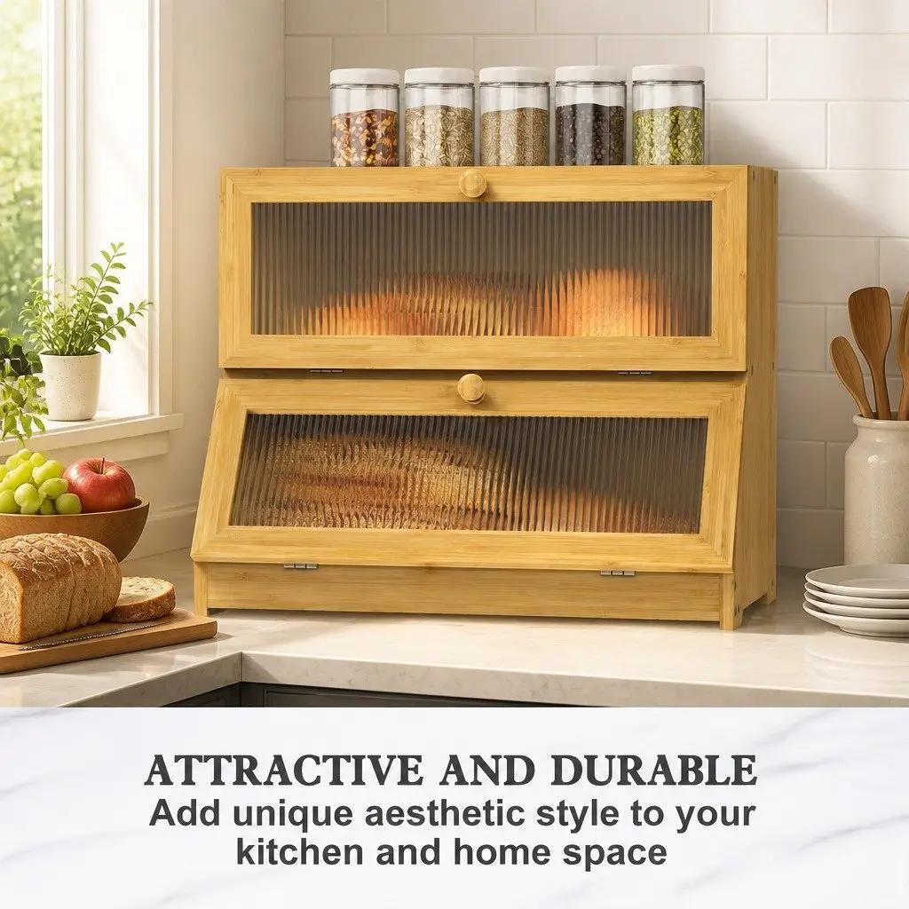 Double Layer Bamboo Bread Box Kitchen Counter Storage Large