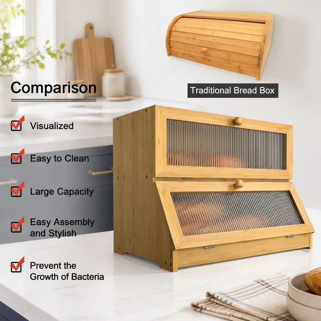Double Layer Bamboo Bread Box Kitchen Counter Storage Large