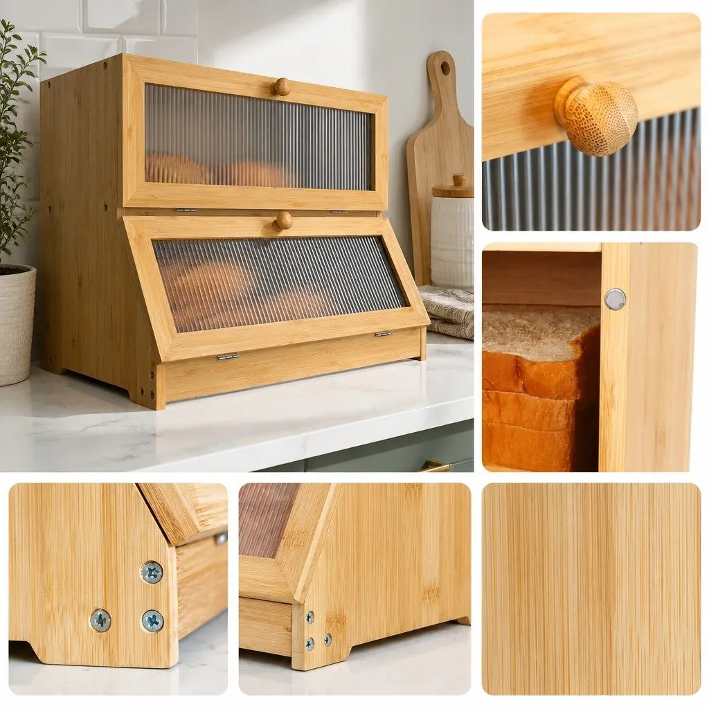 Double Layer Bamboo Bread Box Kitchen Counter Storage Large