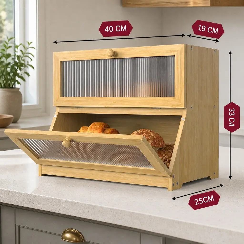 Double Layer Bamboo Bread Box Kitchen Counter Storage Large