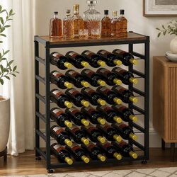 6-Tier Freestanding Wine Rack 30 Bottle Storage Wood Top Metal Frame Kitchen Bar