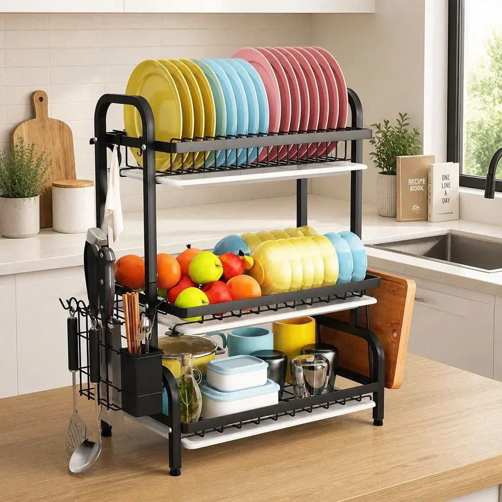 Dish Drying Rack 3 Tier Large Capacity Kitchen Storage Utensil Cutting Board