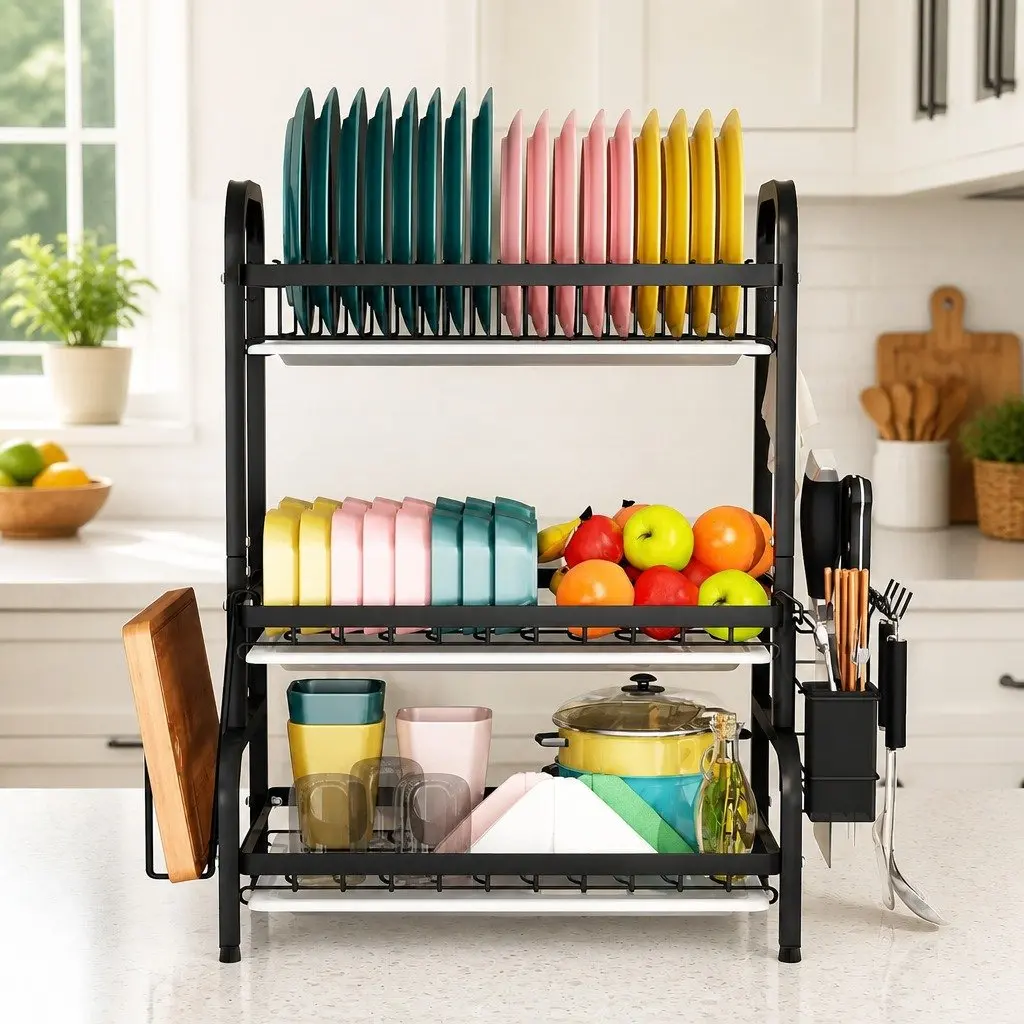 Dish Drying Rack 3 Tier Large Capacity Kitchen Storage Utensil Cutting Board