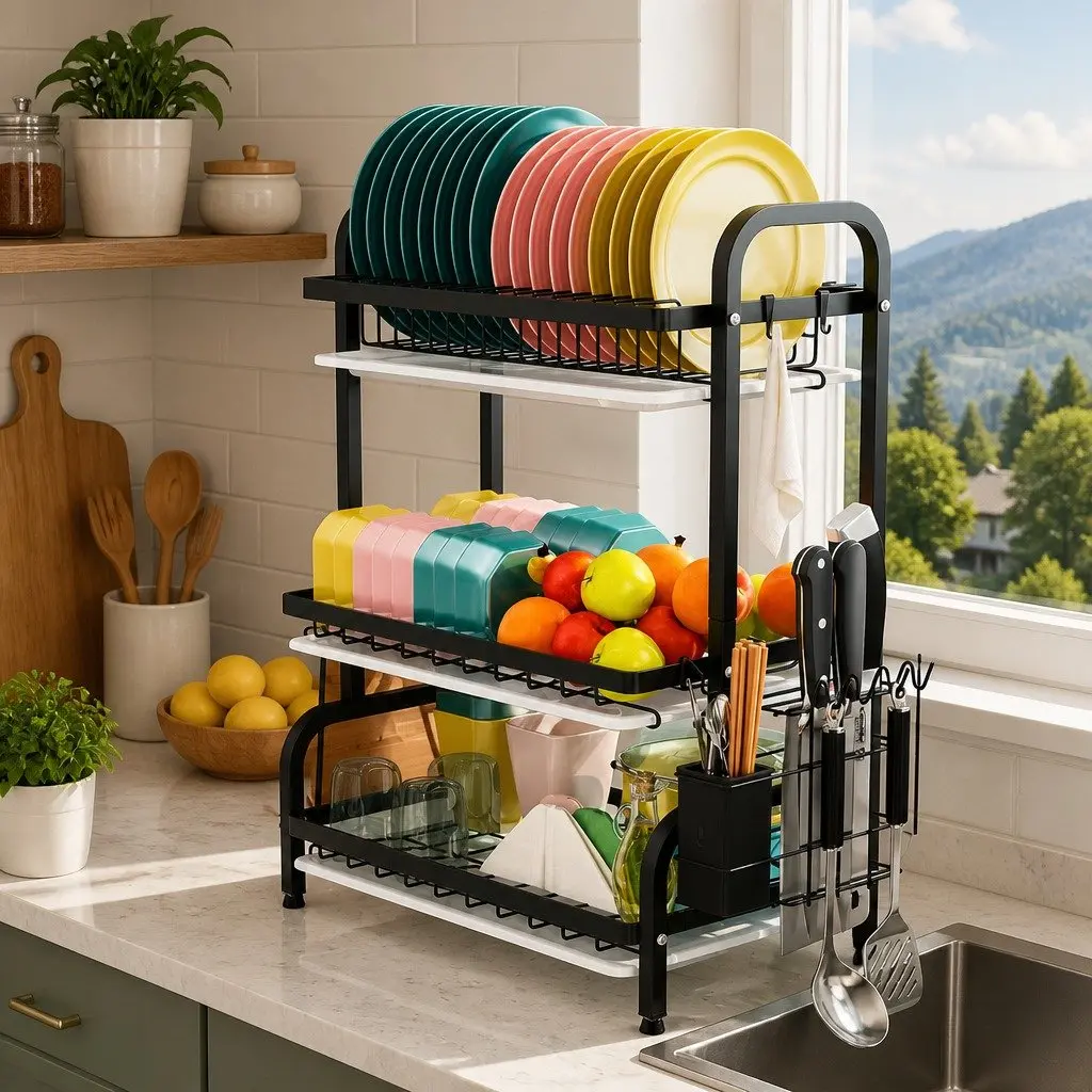 Dish Drying Rack 3 Tier Large Capacity Kitchen Storage Utensil Cutting Board