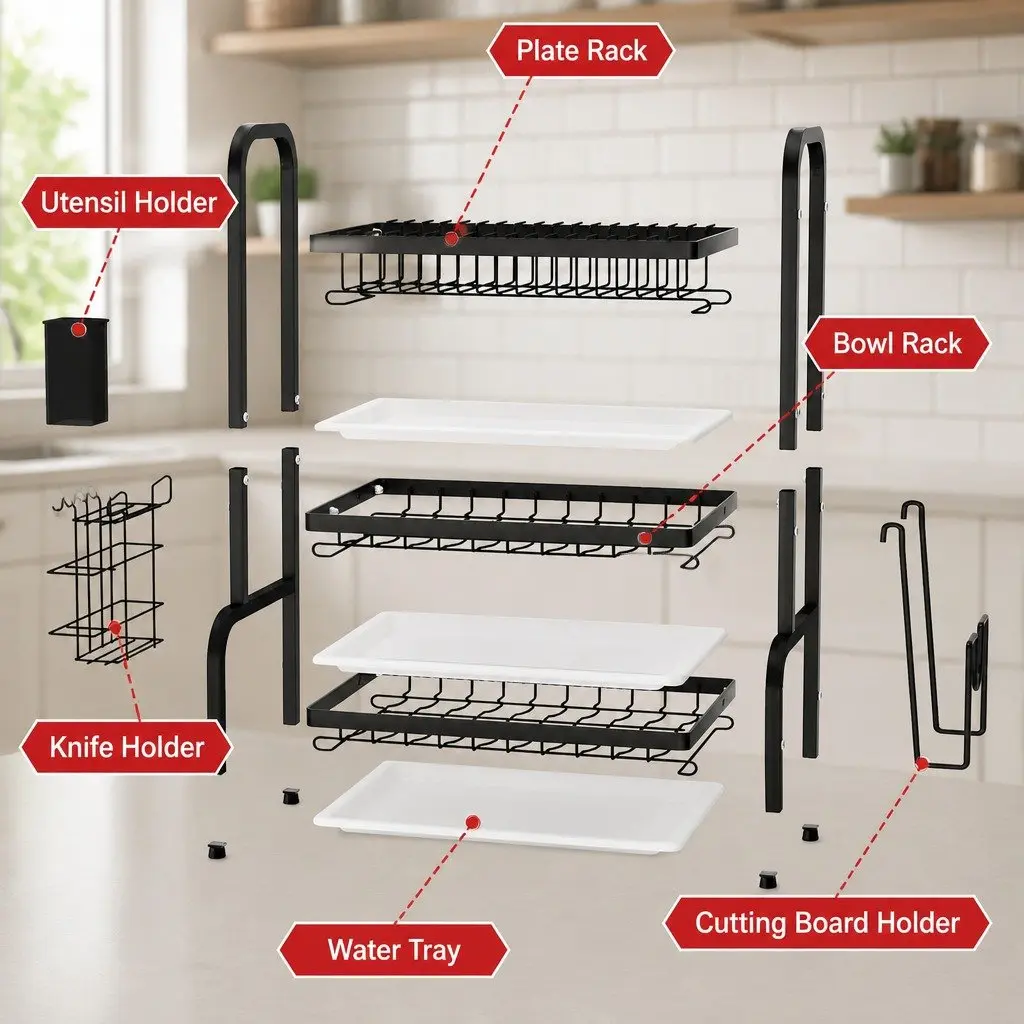 Dish Drying Rack 3 Tier Large Capacity Kitchen Storage Utensil Cutting Board