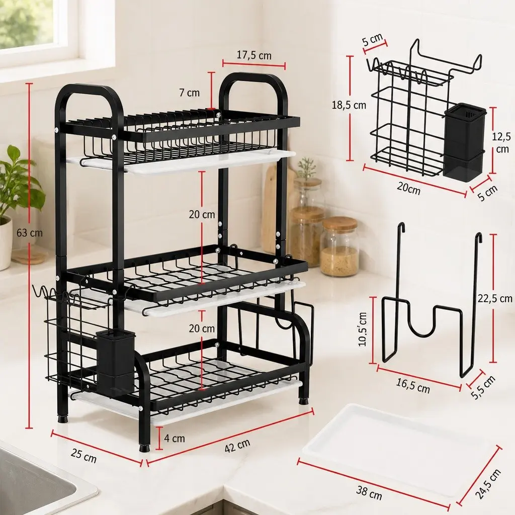Dish Drying Rack 3 Tier Large Capacity Kitchen Storage Utensil Cutting Board