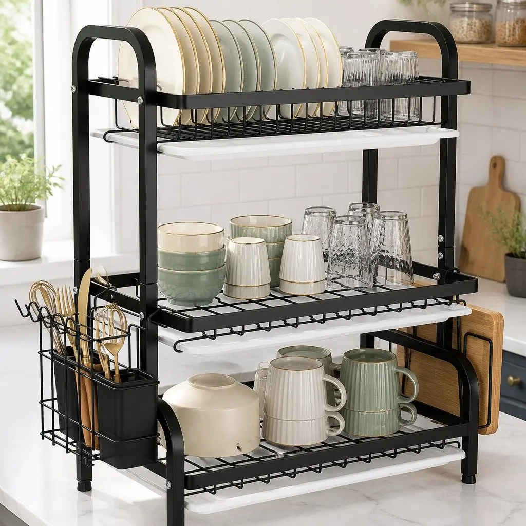 Dish Drying Rack 3 Tier Large Capacity Kitchen Storage Utensil Cutting Board