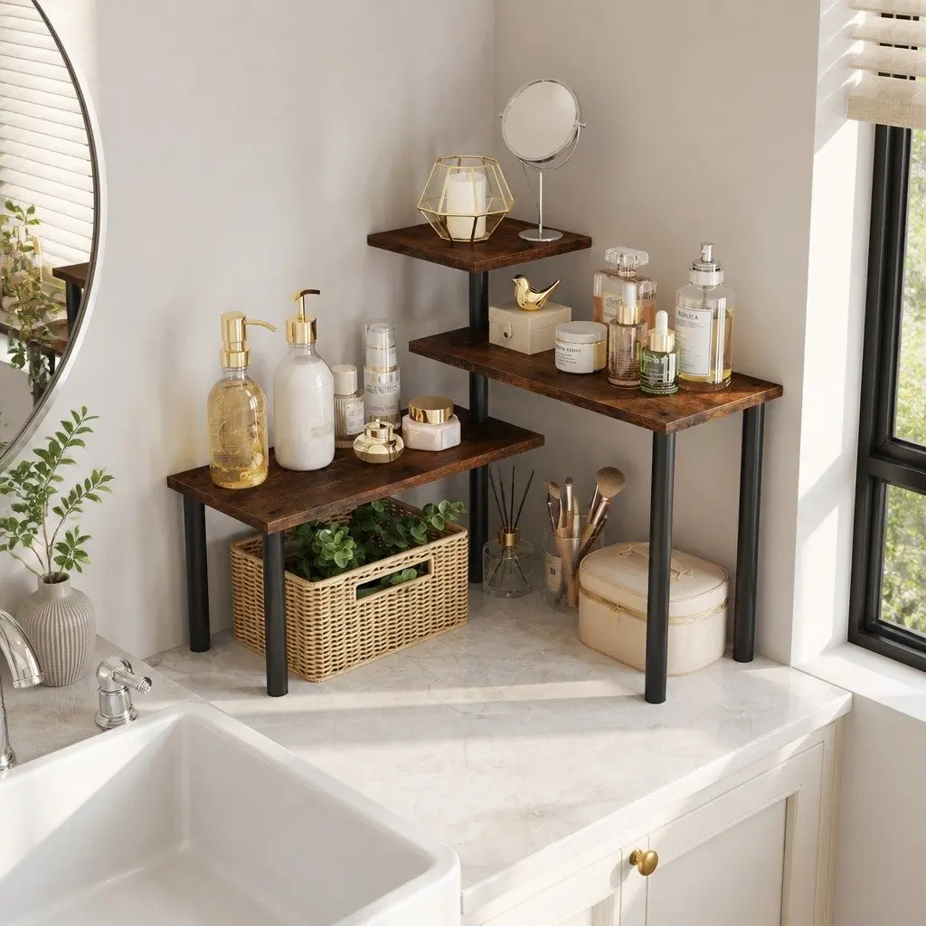 3-Tier Corner Shelf Wooden Kitchen Spice Rack Organiser Storage Display Stand