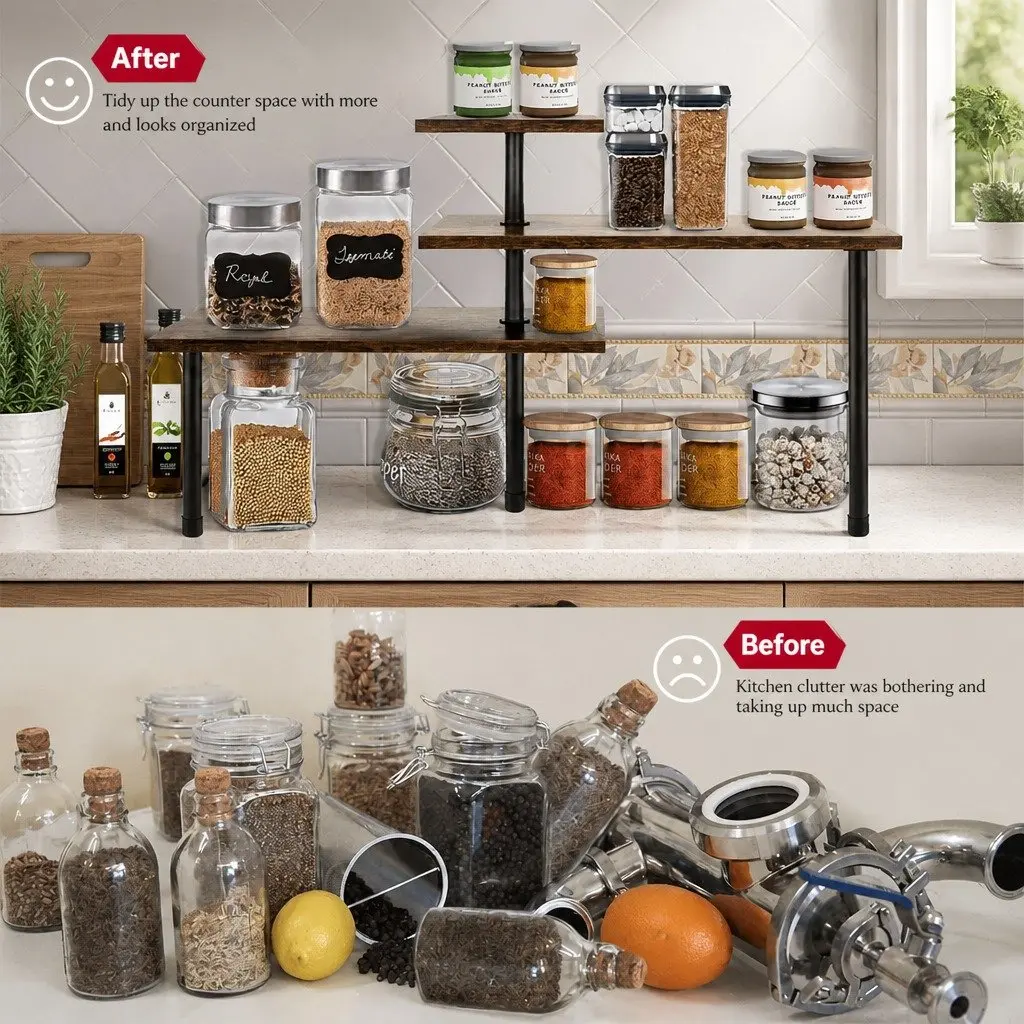 3-Tier Corner Shelf Wooden Kitchen Spice Rack Organiser Storage Display Stand