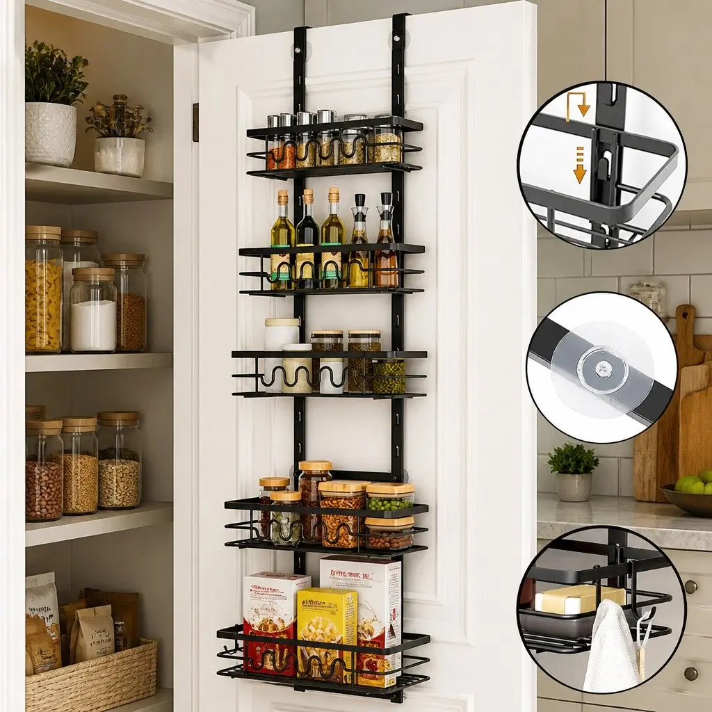 Over Door Pantry Organiser 4 Tier Adjustable Metal Baskets Kitchen Storage Rack