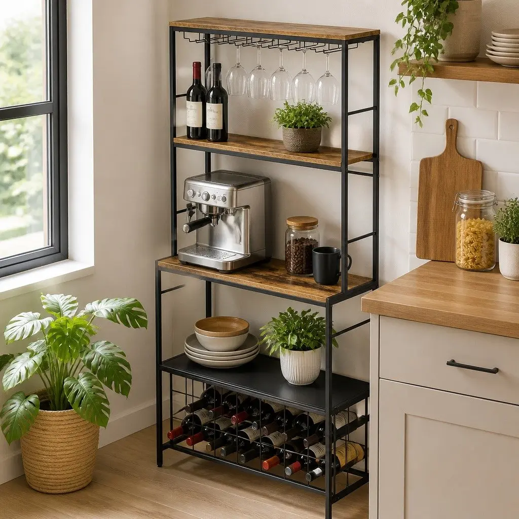 Wine Rack Freestanding 20 Bottle Storage Wood Countertop Metal Frame Kitchen Bar