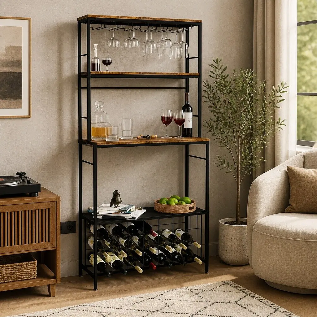 Wine Rack Freestanding 20 Bottle Storage Wood Countertop Metal Frame Kitchen Bar