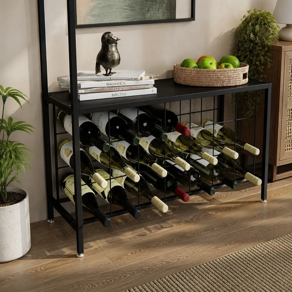 Wine Rack Freestanding 20 Bottle Storage Wood Countertop Metal Frame Kitchen Bar