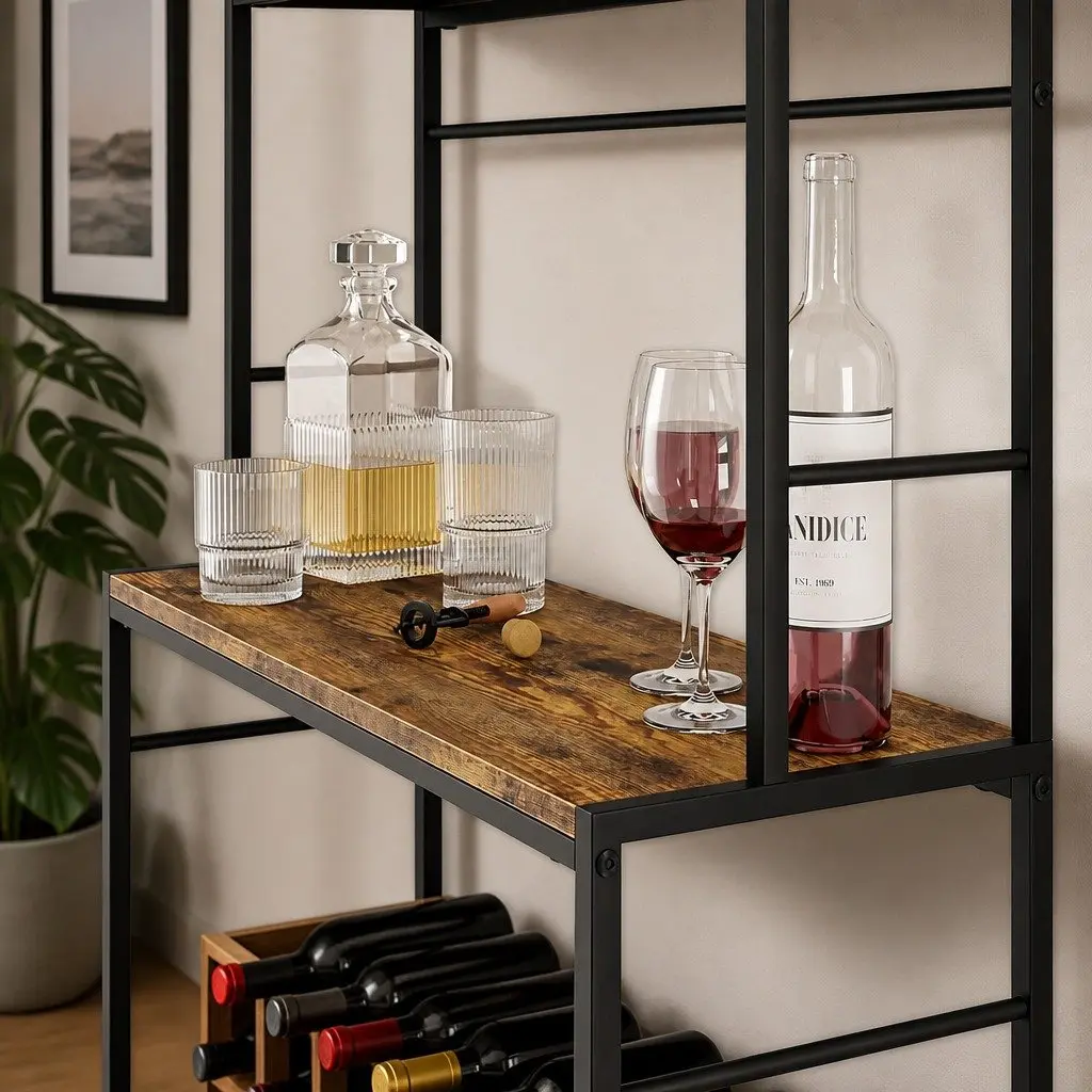 Wine Rack Freestanding 20 Bottle Storage Wood Countertop Metal Frame Kitchen Bar