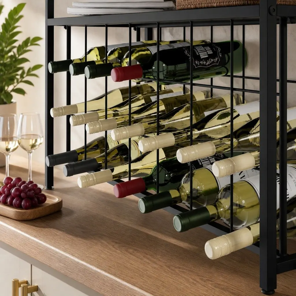 Wine Rack Freestanding 20 Bottle Storage Wood Countertop Metal Frame Kitchen Bar