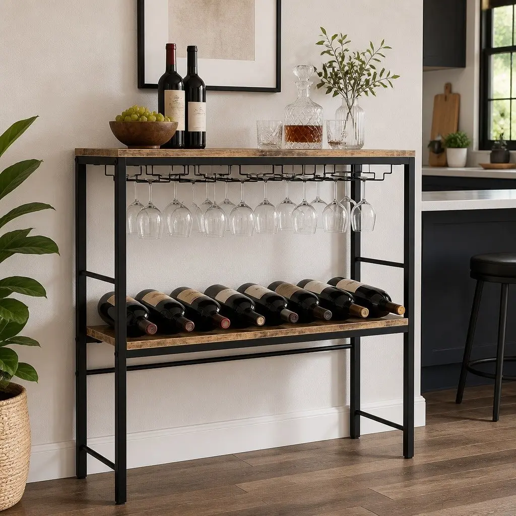 Wine Rack Freestanding 20 Bottle Storage Wood Countertop Metal Frame Kitchen Bar