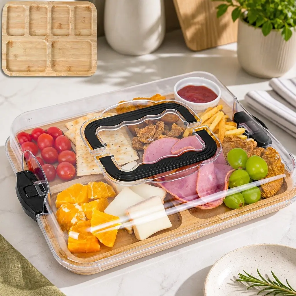 Bamboo Charcuterie Board Serving Tray with Lid Handle 6 Compartments Kitchen
