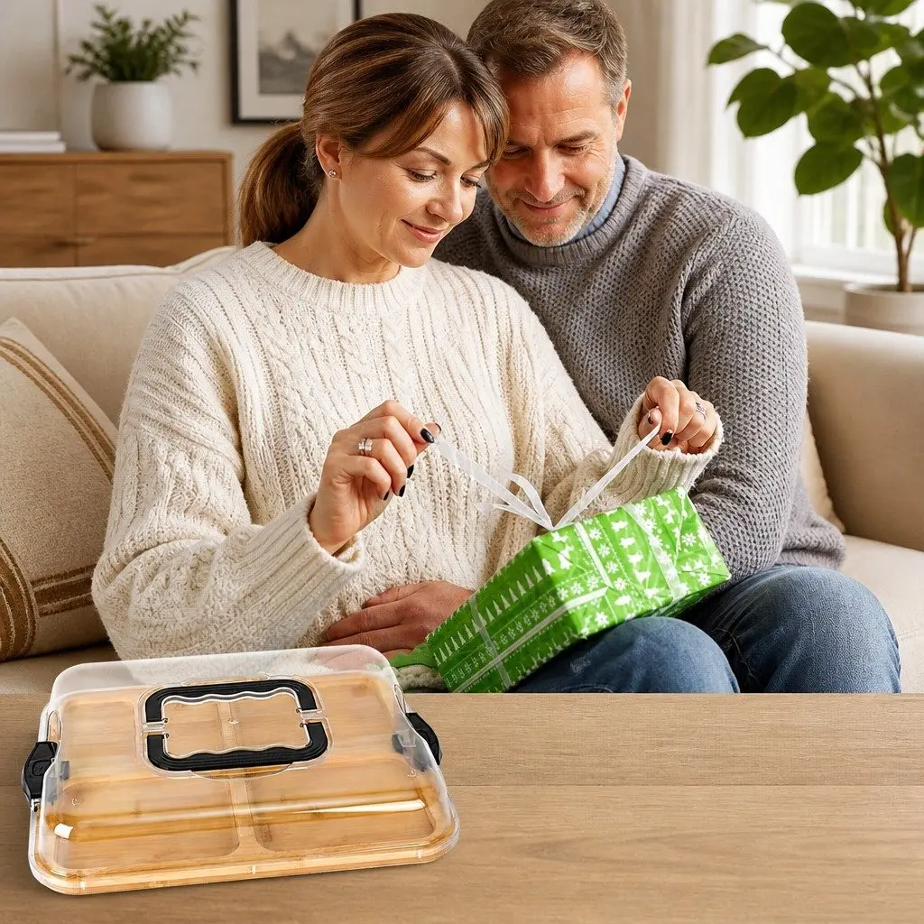 Bamboo Charcuterie Board Serving Tray with Lid Handle 6 Compartments Kitchen