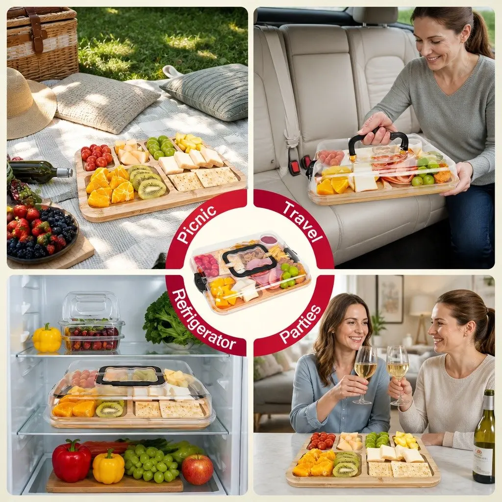 Bamboo Charcuterie Board Serving Tray with Lid Handle 6 Compartments Kitchen