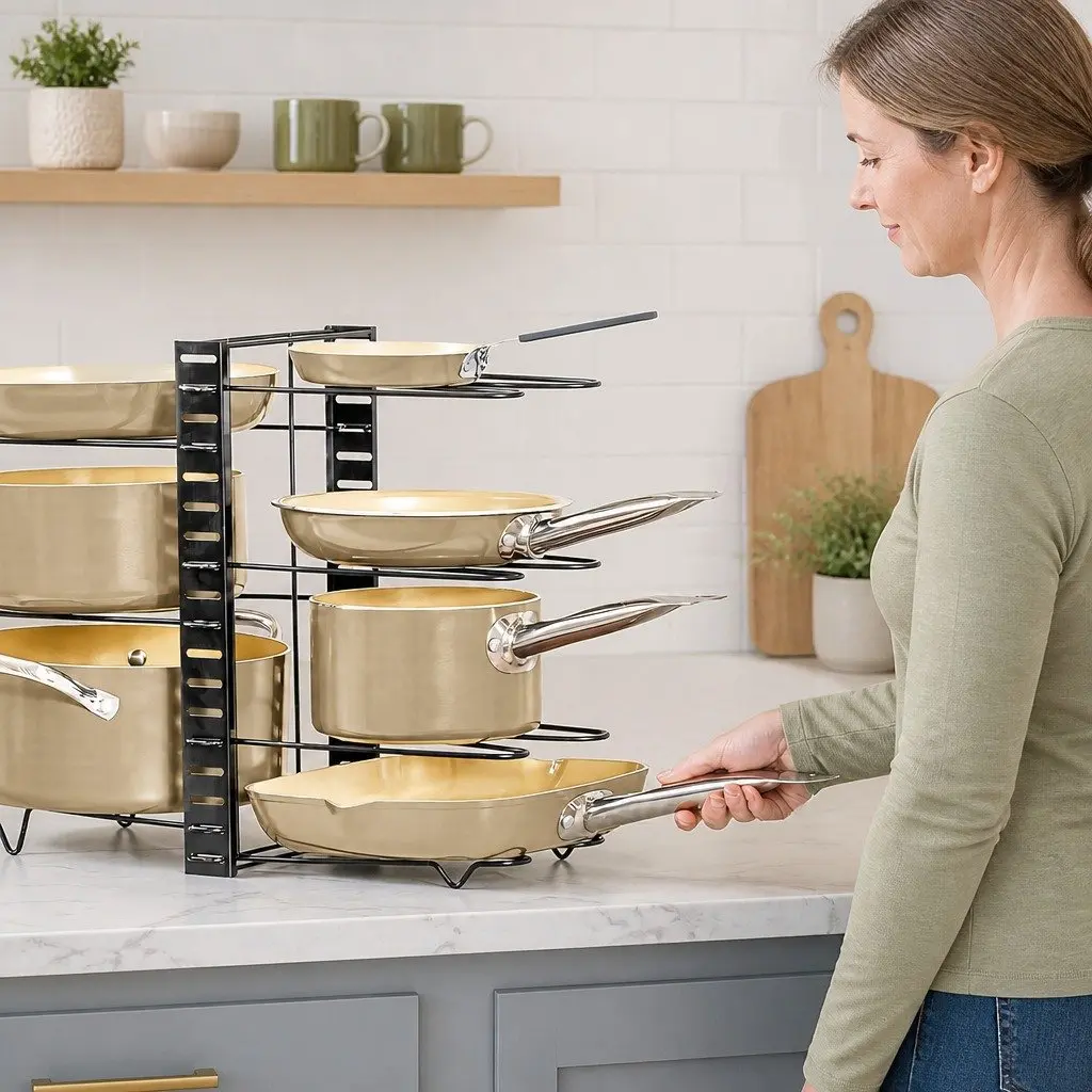 Adjustable 8-Tier Pan Rack Pot Organizer Kitchen Cabinet Storage Cookware Holder