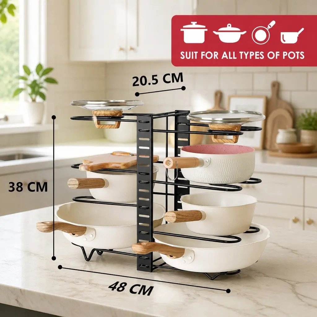 Adjustable 8-Tier Pan Rack Pot Organizer Kitchen Cabinet Storage Cookware Holder