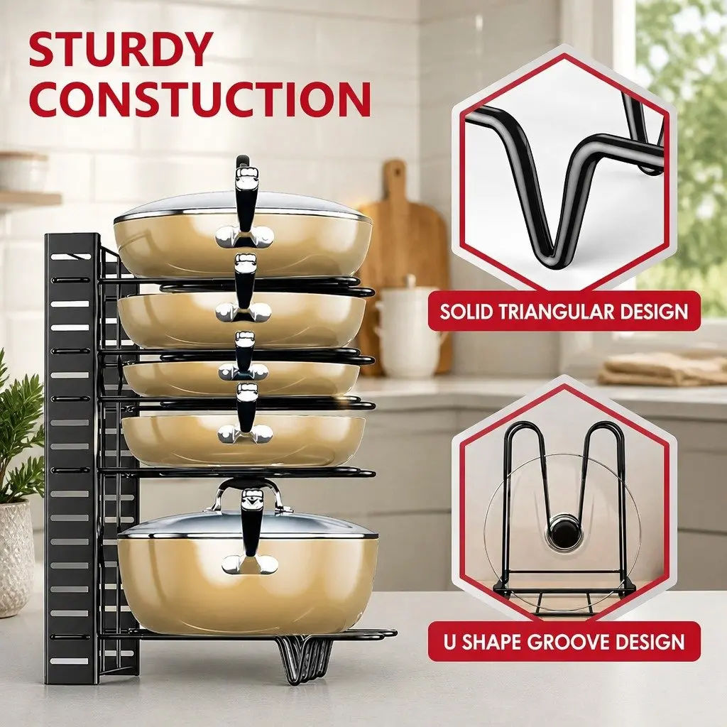 Adjustable 8-Tier Pan Rack Pot Organizer Kitchen Cabinet Storage Cookware Holder