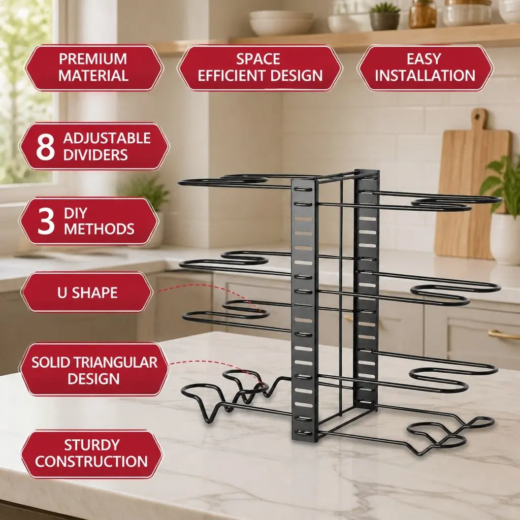 Adjustable 8-Tier Pan Rack Pot Organizer Kitchen Cabinet Storage Cookware Holder