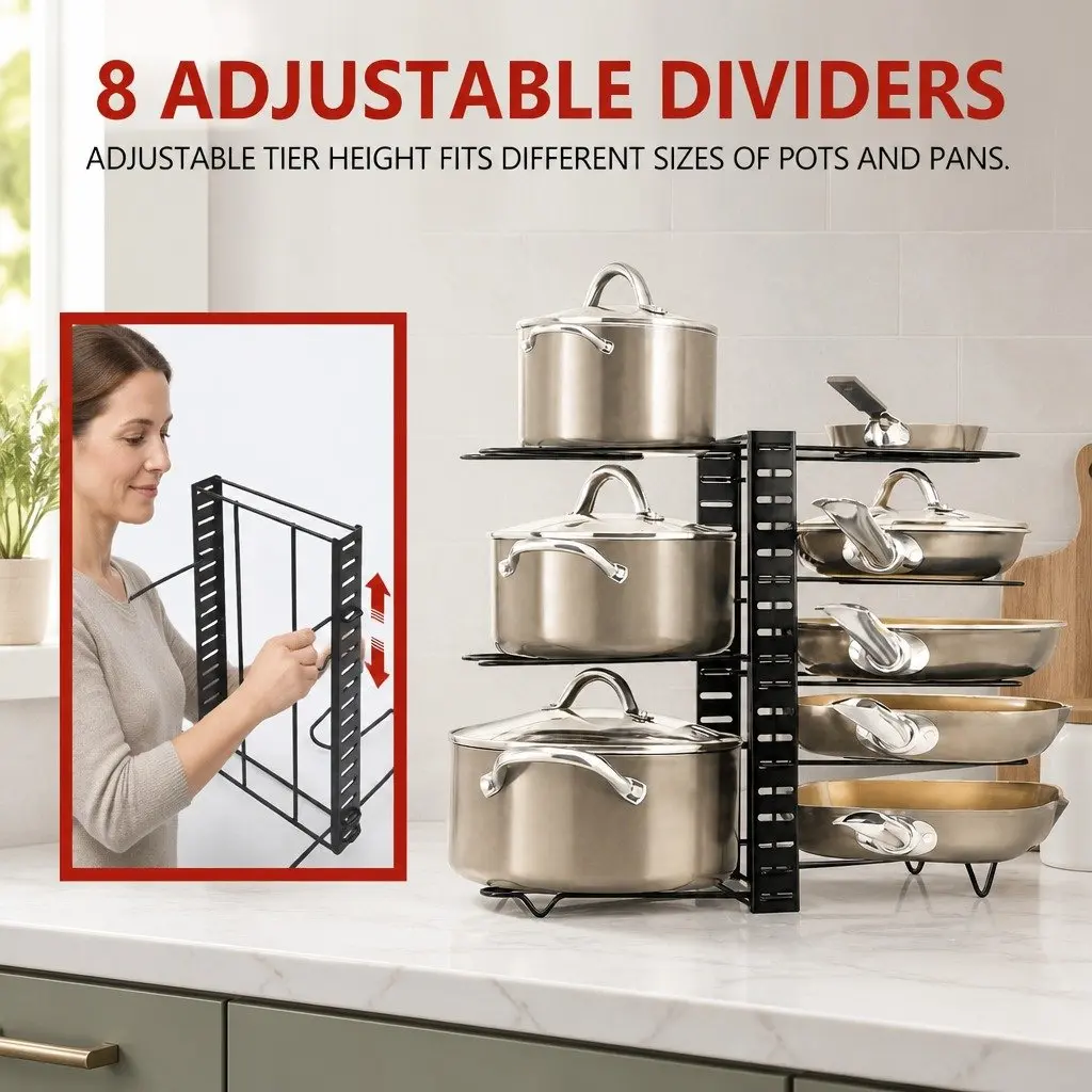 Adjustable 8-Tier Pan Rack Pot Organizer Kitchen Cabinet Storage Cookware Holder