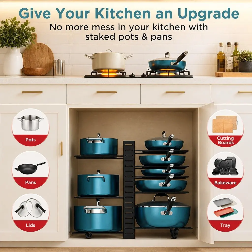 Adjustable 8-Tier Pan Rack Pot Organizer Kitchen Cabinet Storage Cookware Holder
