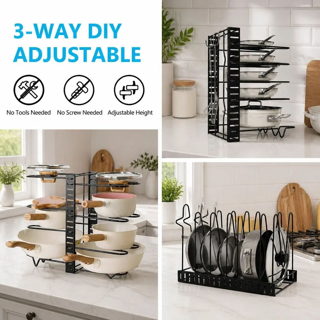 Adjustable 8-Tier Pan Rack Pot Organizer Kitchen Cabinet Storage Cookware Holder