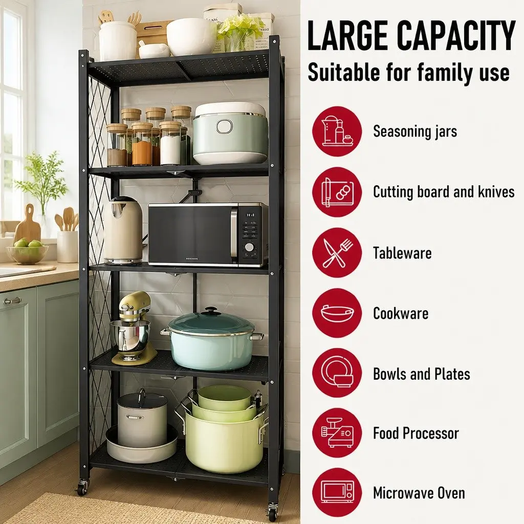5-Tier Foldable Storage Shelf for Kitchen Garage Pantry Size 31 x 158 x 71 cm