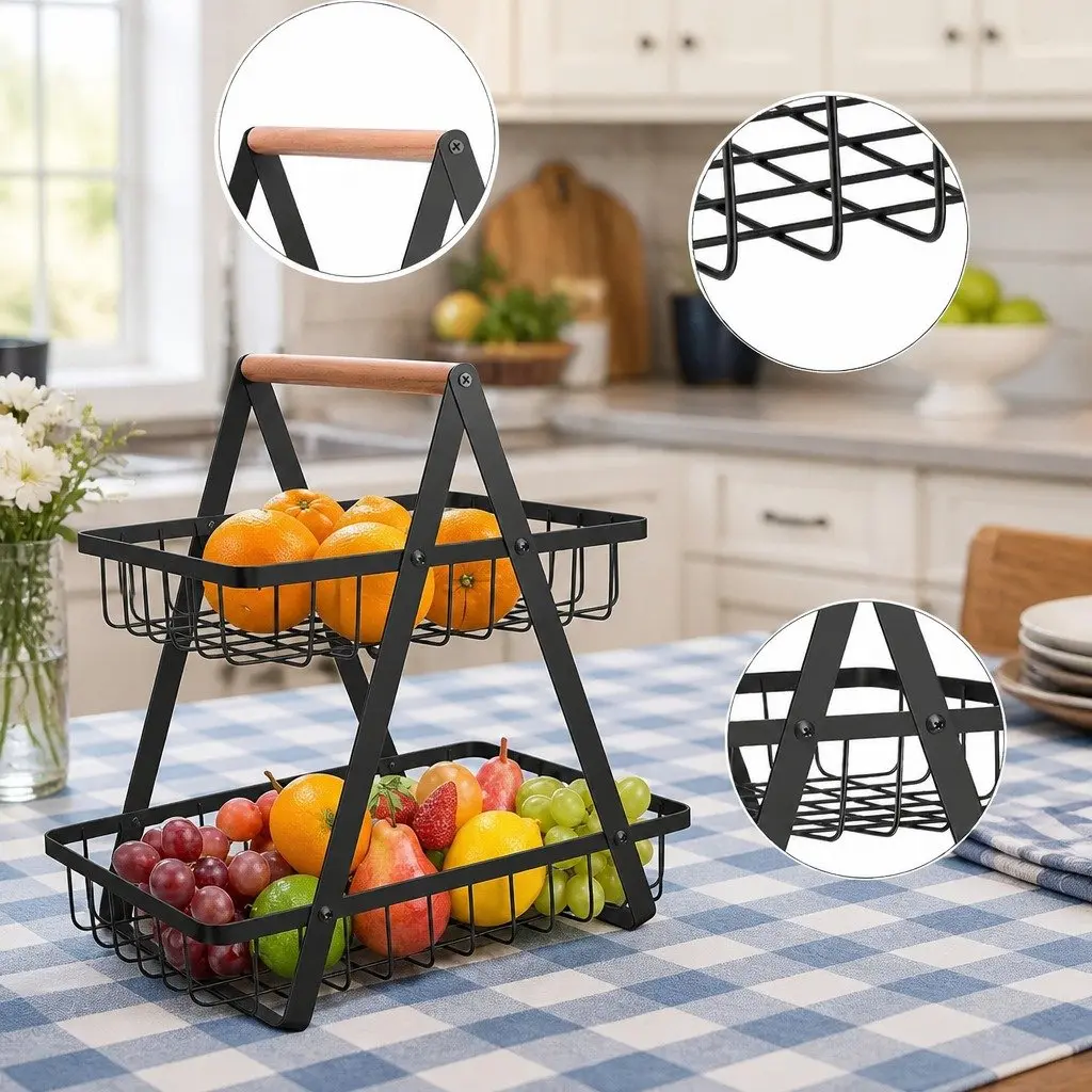 2-Tier Fruit Basket Stand Kitchen Countertop Organizer Storage Wire Baskets