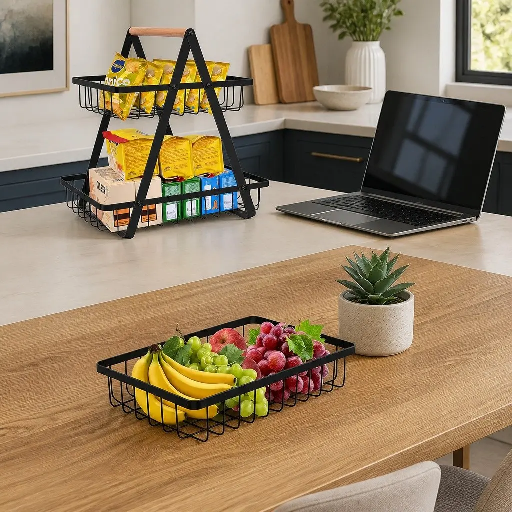 2-Tier Fruit Basket Stand Kitchen Countertop Organizer Storage Wire Baskets